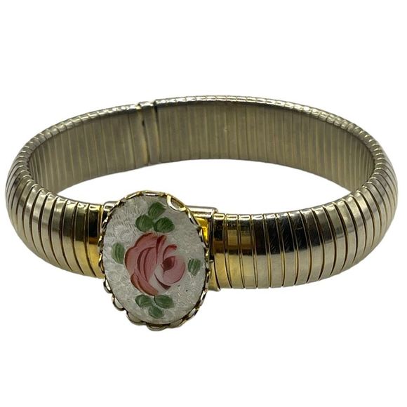 Coro Jewelry - Vintage Signed Coro Gold Tine Stretch Bracelet with Gorgeous Rose Accent